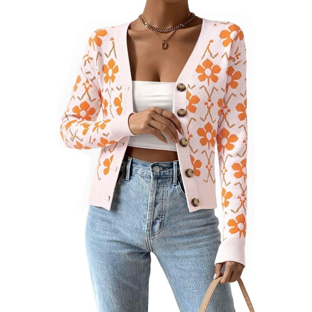 Floral Knit Cardigan Sweater Women Open Front V Neck Long Sleeve Outerwear